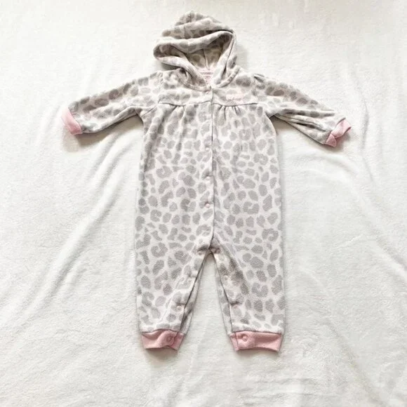 5/$25 Carter's Girl 9M Fleece Hooded Jumpsuit Grey Pink Leopard Print‎ One Piece