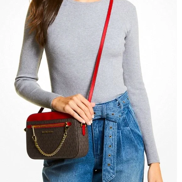 NWT Michael Kors Red/ Brown Jet Set Large Logo Crossbody Bag