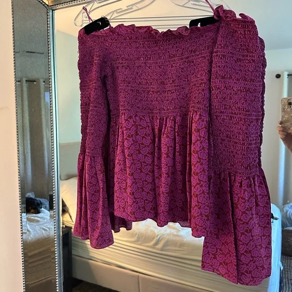 ALC SILK Agra Smocked Off-the-Shoulder Peasant Top with peplum and bell sleeves