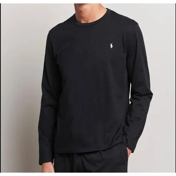 Ralph Lauren Shirt Mens Black Embroidered Logo Crew Neck Long Sleeve Size Small