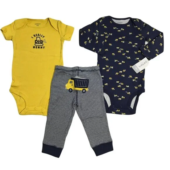 Carter's Baby Boys 3pc Truck Pants & Tops Outfit Set Newborn‎ 9-24 Months Yellow
