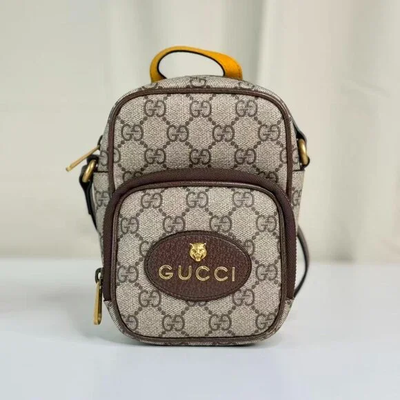 Gucci GG Logo Supreme Vintage Neo Shoulder Bag Crossbody with Gold Lion Emblem