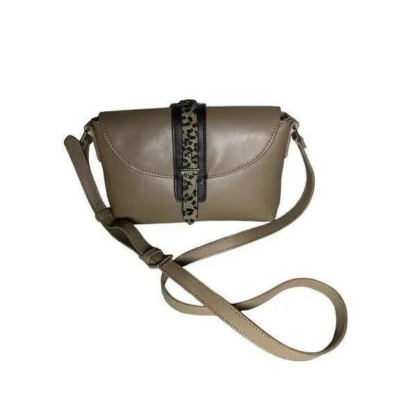Spartina 449 Taupe Leather Hipster Crossbody Bag With Leopard Calf Hair Buckle‎
