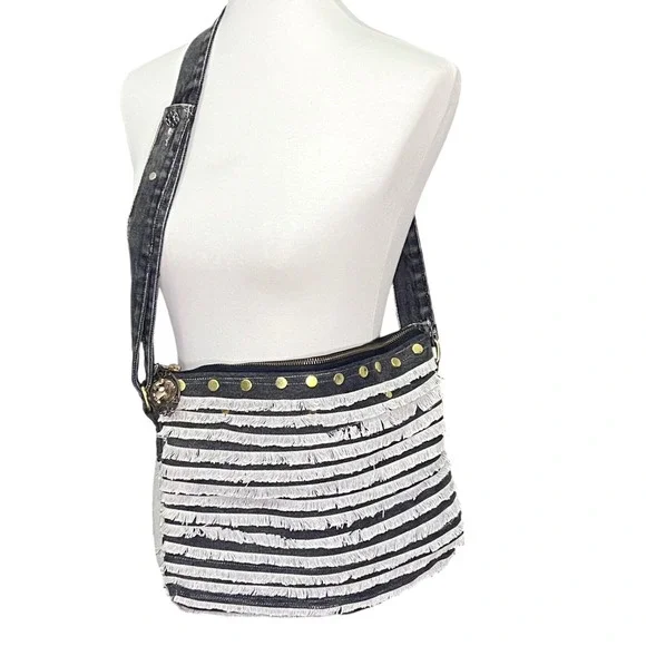 Handcrafted Purse One‎ of a Kind Fringed Denim Crossbody Bag Black White Studded