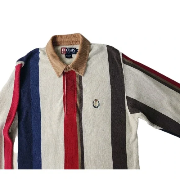 VTG 90s Chaps Ralph Lauren Med Vertical Striped Rugby Shirt Tan Corduroy Collar