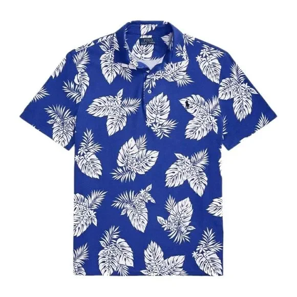 NWT Polo Ralph Lauren Tropical Spa Terry Medium Mens Blue Polo Shirt Monstera