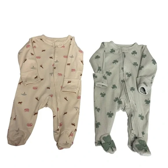 Carters Baby 0-3M Sleep and Play 2 Pack Safari Animal Shamrock Ribbed Footie PJs