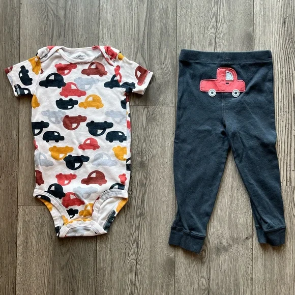 Carter’s Toddler Boy 2 Piece Short Sleeve Onesie & Navy Blue Pants Car Outfit