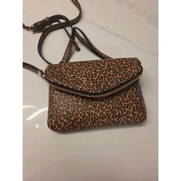 Leopard Print Foldover Crossbody Bag with Zipper Detail Brown Animal Print