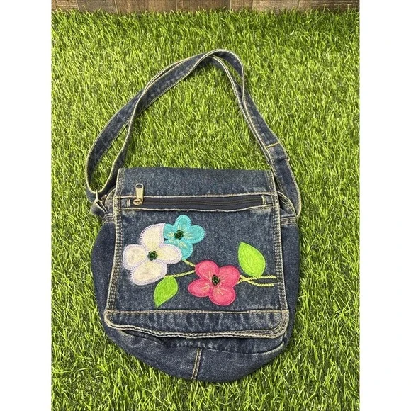 Y2K Denim Shoulder‎ Purse Floral Embroidered 90s Shoulder Bag Vintage
