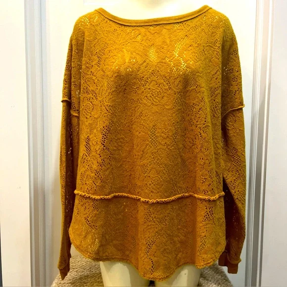 Free People Floral Soft Lace‎ HiLo Oversize Sweater Top Mustard/ Gold Size Small