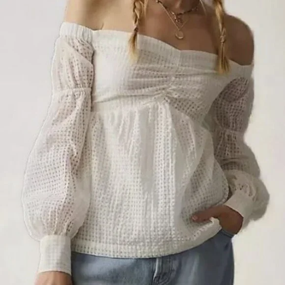 Maeve Anthropologie Off-the-Shoulder Smocked Blouse Puff Sleeves Size M