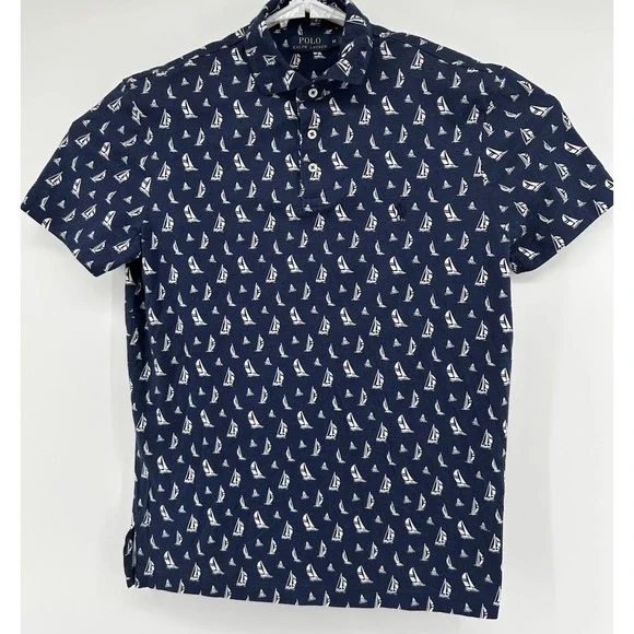 Polo Ralph Lauren Short Sleeve Polo Shirt Blue With Sailboats Men's Medium‎