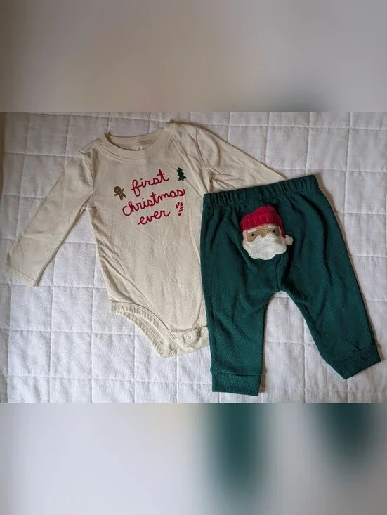 Carter's Green & Cream Holiday Bodysuit with Festive Stitching - First Christmas