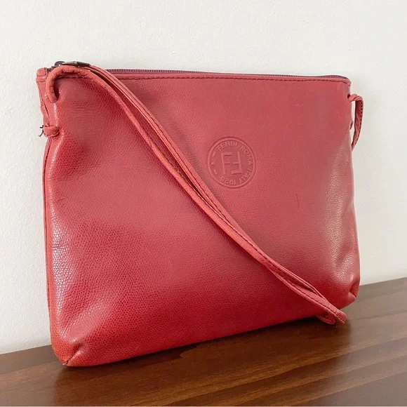 Fendi maroon leather embossed logo vintage crossbody bag