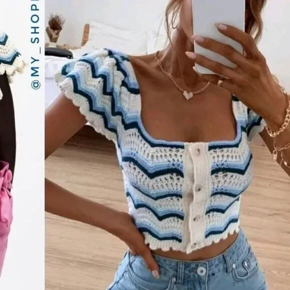 Zara knitted cotton top square neck blue ruffles