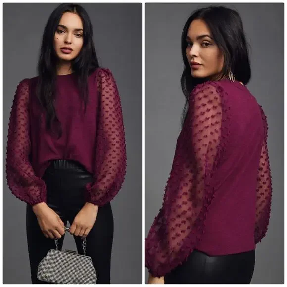 Anthropologie Women's Maeve Textured-Sleeve‎ Top in Purple Size XSP