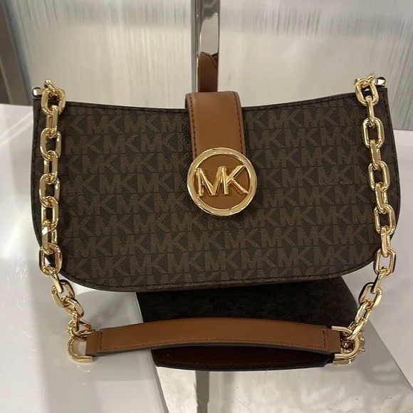 MICHAEL KORS Carmen Small Shoulder Bag Brown Signature  NWT