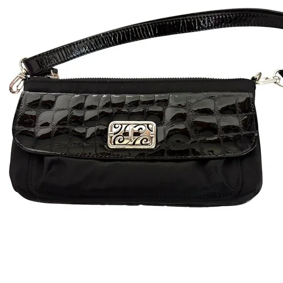 Brighton Black Nylon Faux Patent Leather Crossbody Bag Adjustable Strap Purse