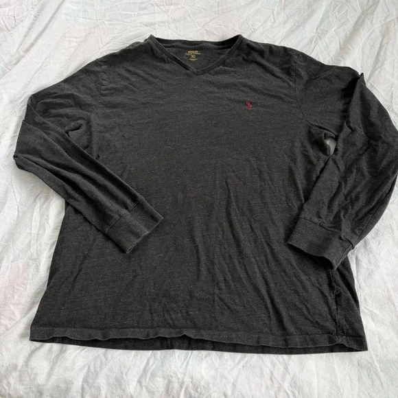 Polo Ralph Lauren Mens XL V Neck Long Sleeve Shirt Gray Red Pony‎