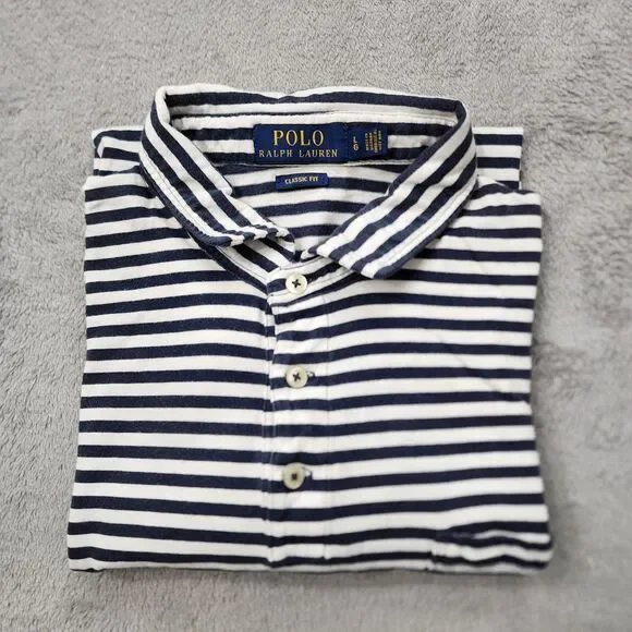 Polo Ralph Lauren Mens L Classic Fit Navy And White Striped Pocket 100% Cotton
