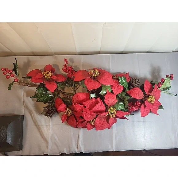 Poinsettia and Holly‎ Branch - Rich Red Holiday Decor