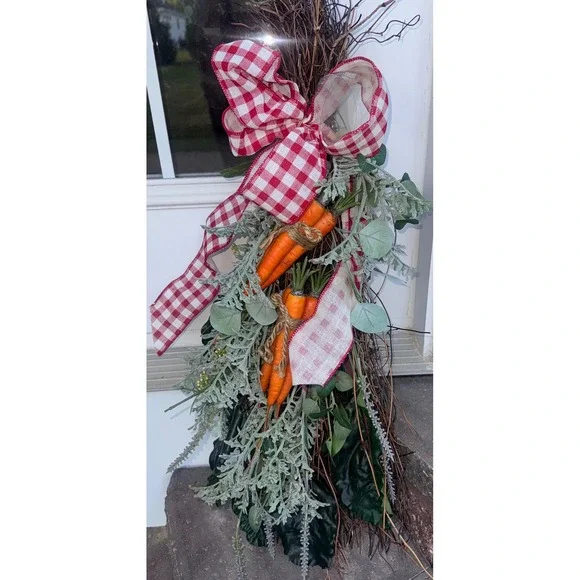 Rustic Garden Shabby Chic Door Wreath Red Gingham Bow Spring Farmhouse Decor 26