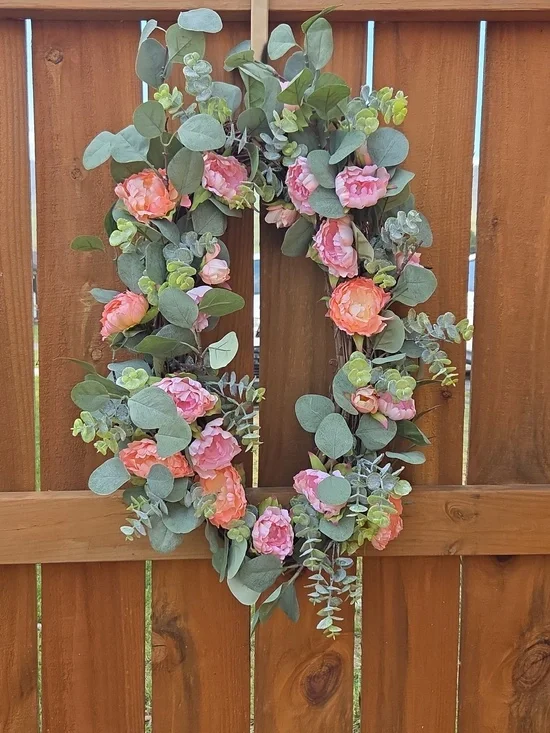 XL Everyday Elegant Pink & Peach Peony Floral Eucalyptus Door Wreath