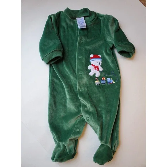Carters Green velour vintage Teddy Bear Toy Train sleeper bodysuit Newborn‎ baby