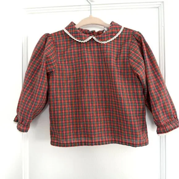 Carter's Vintage Blouse Festive Christmas Red Plaid Lace Peter Pan Collar Sz 18m