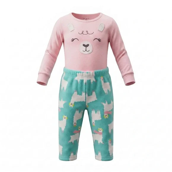 Carters Toddler Girls 2pc Llama Fleece Pajama Set Size 2T Long Sleeves Aqua Pink