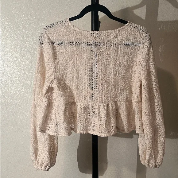 SHEIN Cream Lace Peplum Blouse with Back Ties