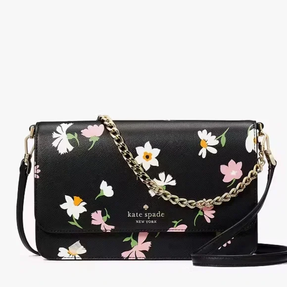 Kate Spade Madison Floral Waltz Flap Convertible Crossbody Black Multi NWT
