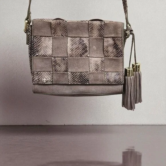 Antropologie Morgan  Woven Suede Crossbody Bag Snakeskin Accents Tassel Boho