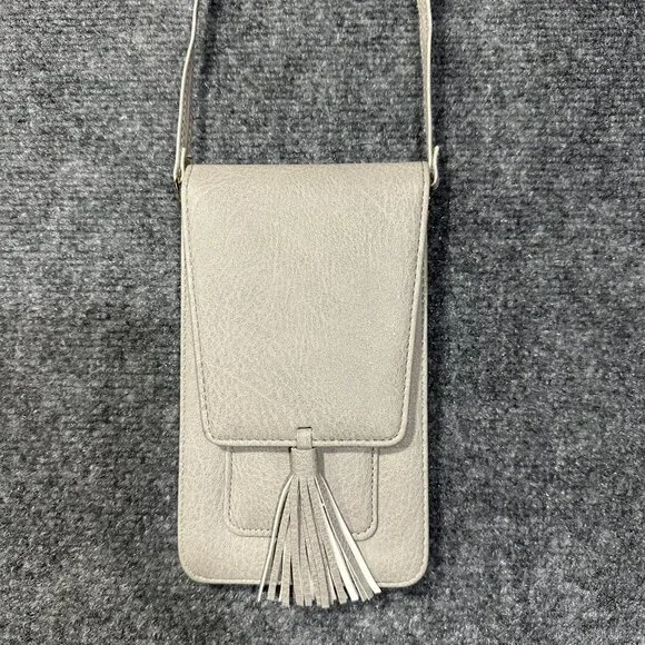 Crossbody Bag Purse on A String Phone Credit Cards Gray Faux Leather Tassel