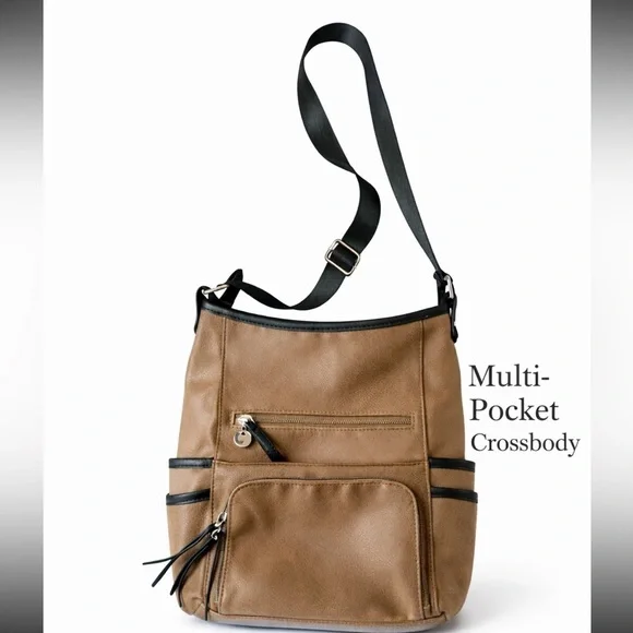 Seven Days Brown Faux Leather Crossbody Bag Multi Pocket Shoulder Purse