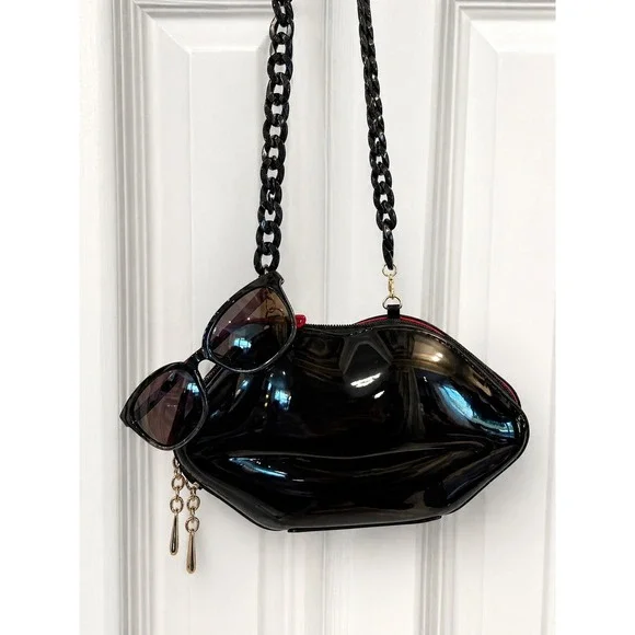 Betsey‎ Johnson Black Lips Crossbody Bag and Heart Sunglasses Set BE303-BLK