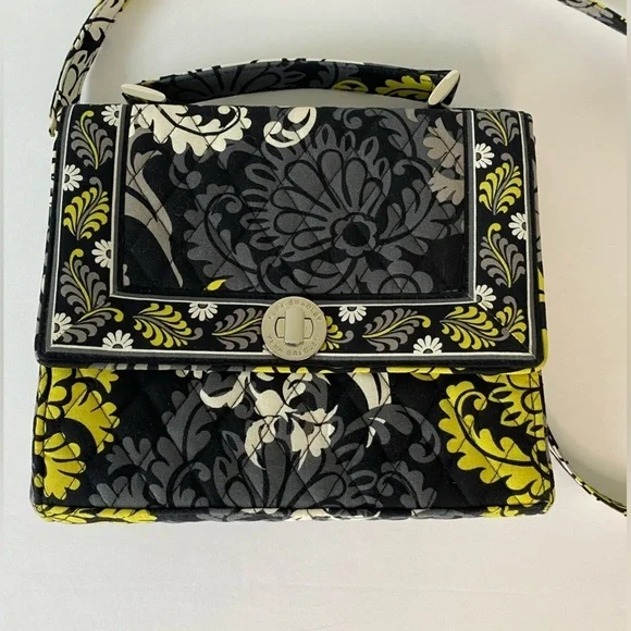 VERA BRADLEY Baroque HANDBAG Purse Black Acid Yellow White Satchel‎ Crossbody