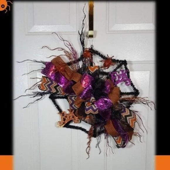 Halloween Orange Black Purple Glittered EEK Black Tinsel Spider‎ Web Wreath