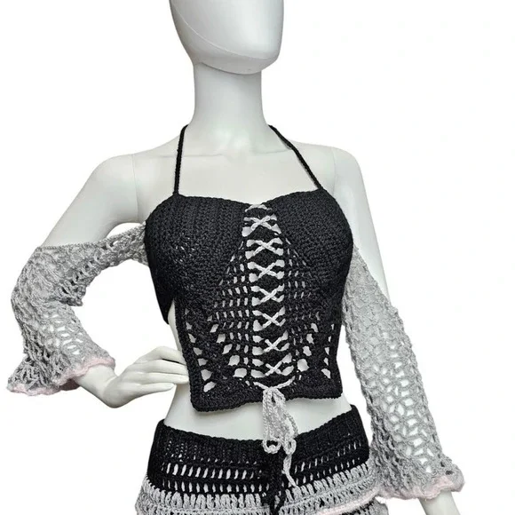 Handmade Crochet Corset Top with‎ Flared Sleeves – Black & Grey Coquette Style