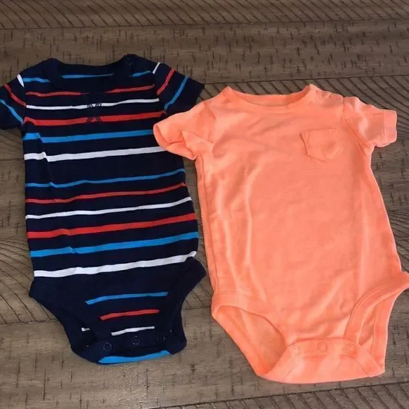 Carters Cotton Blend 2 Soft Onesies Nautical Stripes 🛳 and Neon Orange 🍊