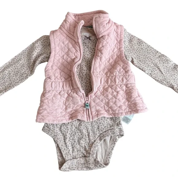 SALE Carter's Baby Girl Pink Quilted Vest‎ Leopard Print Bodysuit Set 9 Months