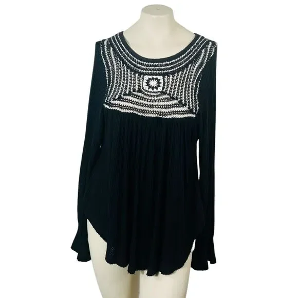 Free People Soulmate‎ Crochet Tunic Top Black Waffle Knit Long Sleeves Size S