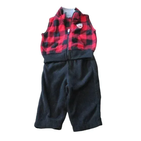 Carters 2 Pc Fleece Vest Pants Outfit Infant Boys Size 3M Red‎ Check Mommys Hero
