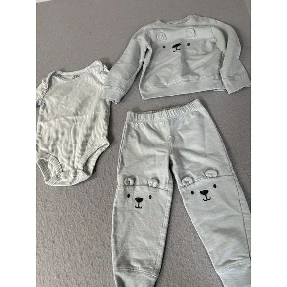 Carters Outfit Set‎ Baby 24 Months 3 Piece Green Bear Sweatshirt Pants Bodysuit