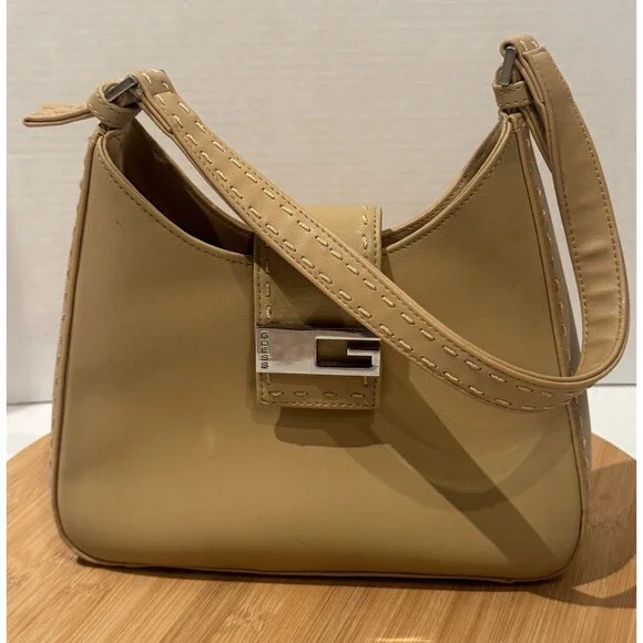 VTG Y2K GUESS Women's Faux Leather Tan Hobo Shoulder Mini Silver Logo Bag NWOT