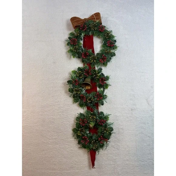 Vintage Plastic Triple Christmas Wreath with Bells on‎ Flocked Red Velvet Ribbon
