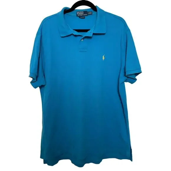Polo Ralph Lauren Blue Custom Fit Mesh Polo Yellow Logo XXL Preppy Classic