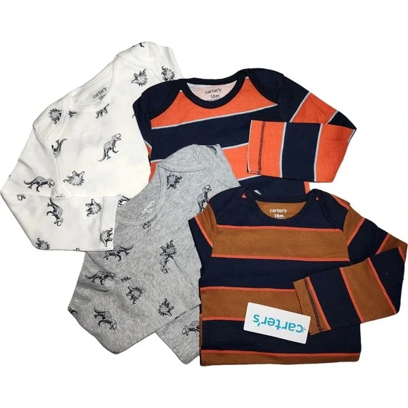 Carter's Baby Boy‎ 9 Mos Long Sleeve Bodysuit Set 4pc Dinosaur Stripe NWT
