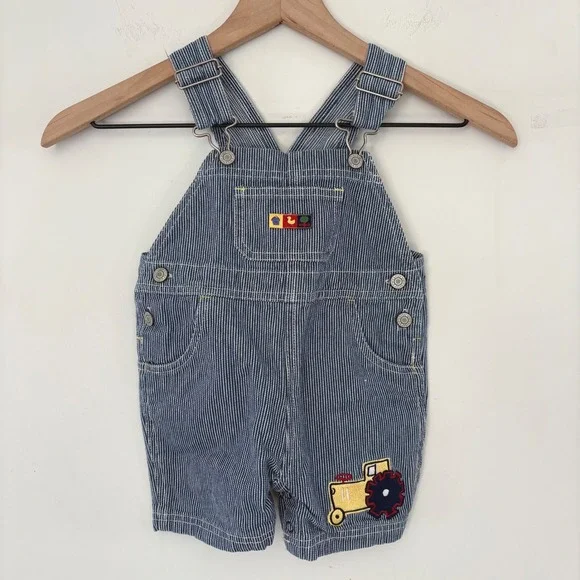 Y2K Toddler Overall Shorts Carters 18M Blue Stripe DenimTractor Farm Animals‎